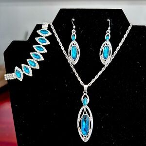 Silver Tone & Aquamarine Necklace, Earrings & Bracelet Set
